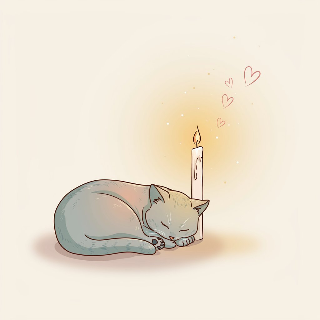 A sleeping cat resting peacefully beside a memorial candle